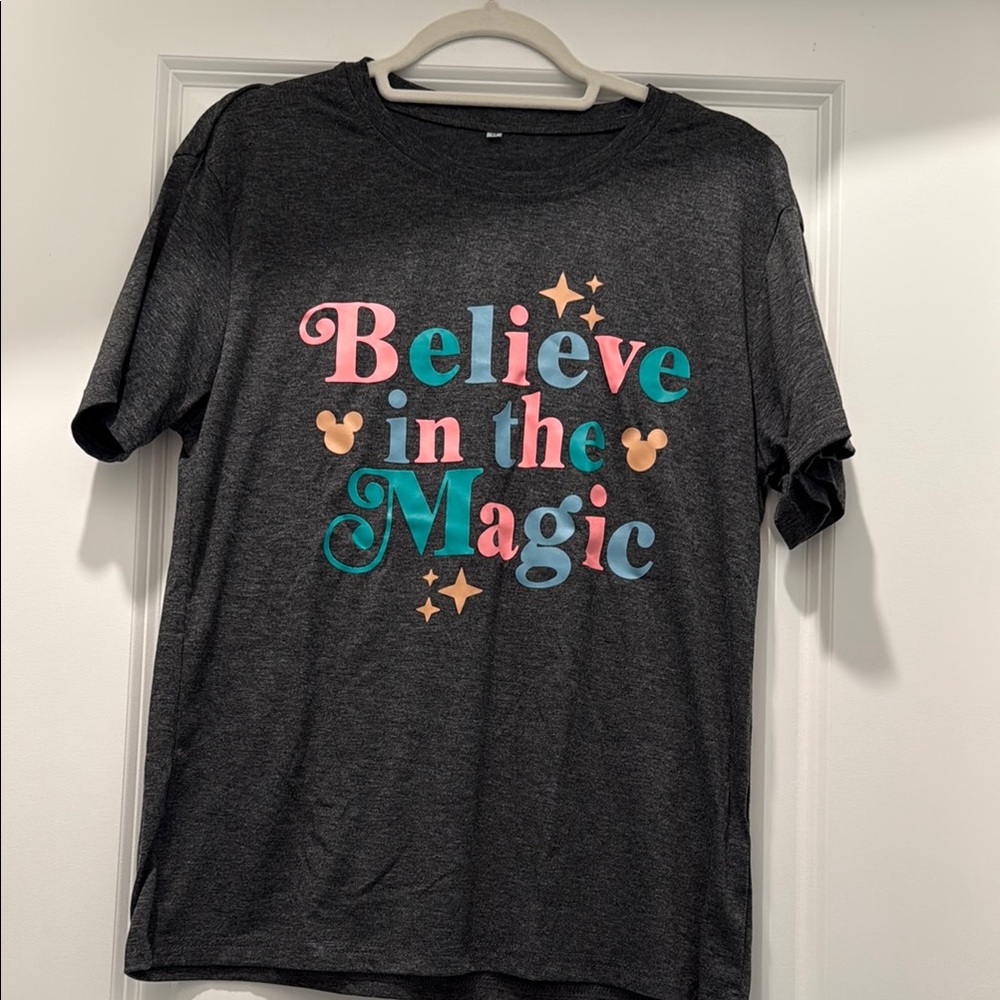 Gray Short Sleeve Tee with Playful Disney Graphic-Believe in the Magic
